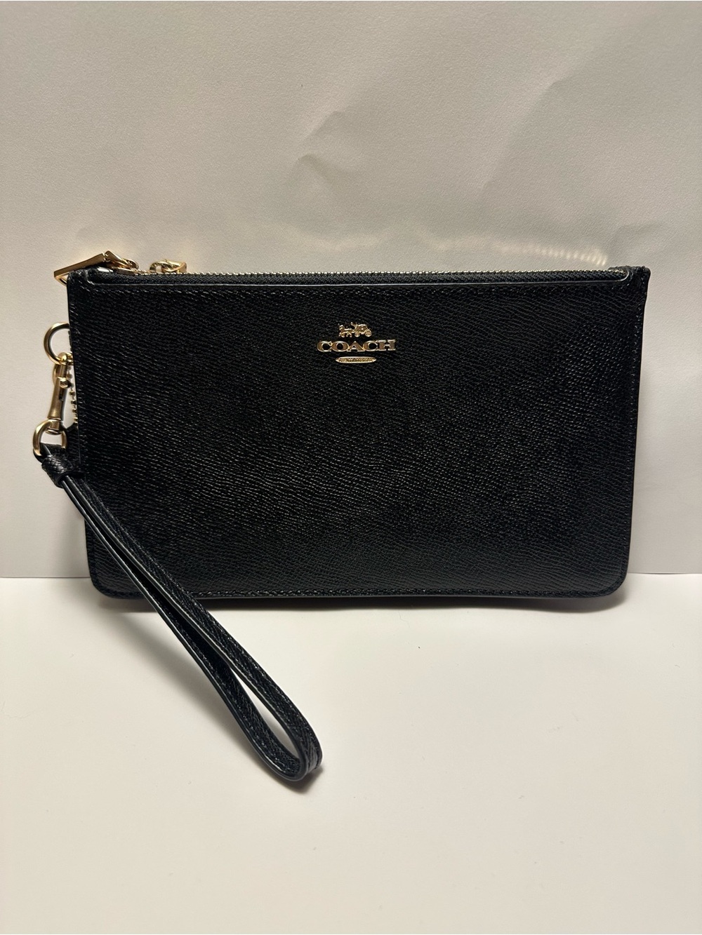 Coach Black Leather Wristlet Clutch with Gold Hardware